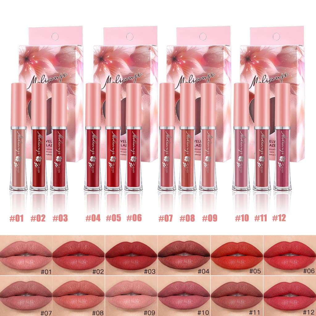 MOLIANJI Makeup Matte Velvet Lip Gloss 3-Piece Set, Long-Lasting Color Lipstick, Matte Finish