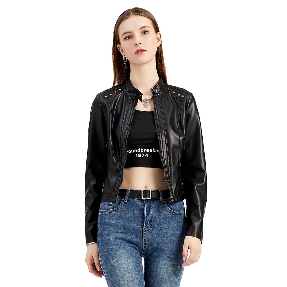 23 Cross-Border Women's New Rivet Leather Jacket Spring Autumn Long Sleeve Coat Stand-up Collar Fashion Jacket S-4XL