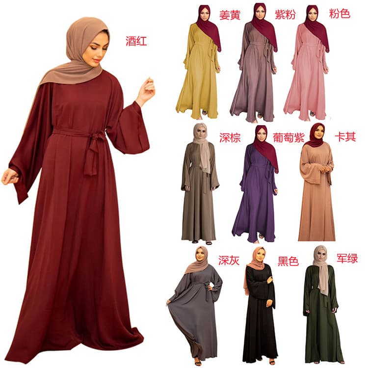 Large Size Basic Solid Color Simple Long Dress Elegant Gown with Belt Polyester Fiber Long Sleeve Floor Length Elegant Dress