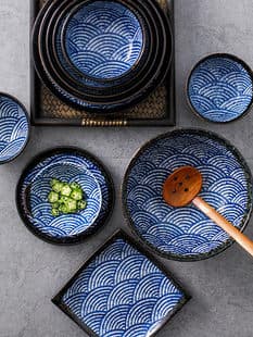 Aiyueju Japanese Original Import Tableware Seigaiha Pattern Plates Ceramic Bowls and Dishes Home Set Dinnerware y*