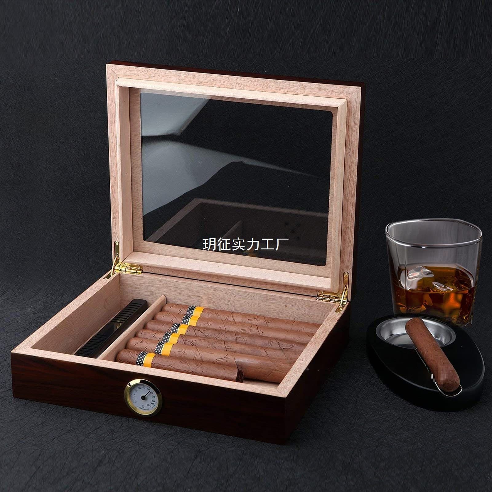 Wooden cigar box transparent cover cigar storage organizer household cigar humidor flip cover cigar gift box