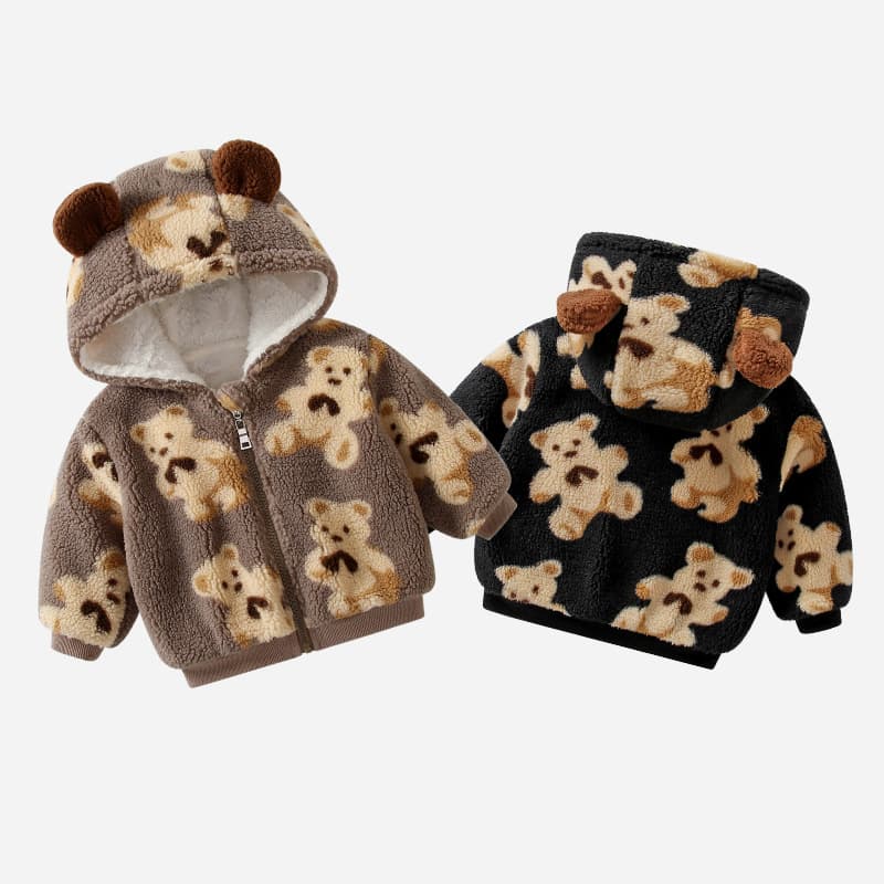 Kids Fleece-lined Thickened Jacket 2024 Autumn/winter Cartoon Bear Hooded Warm Outdoor Clothes Baby Sweater Coat