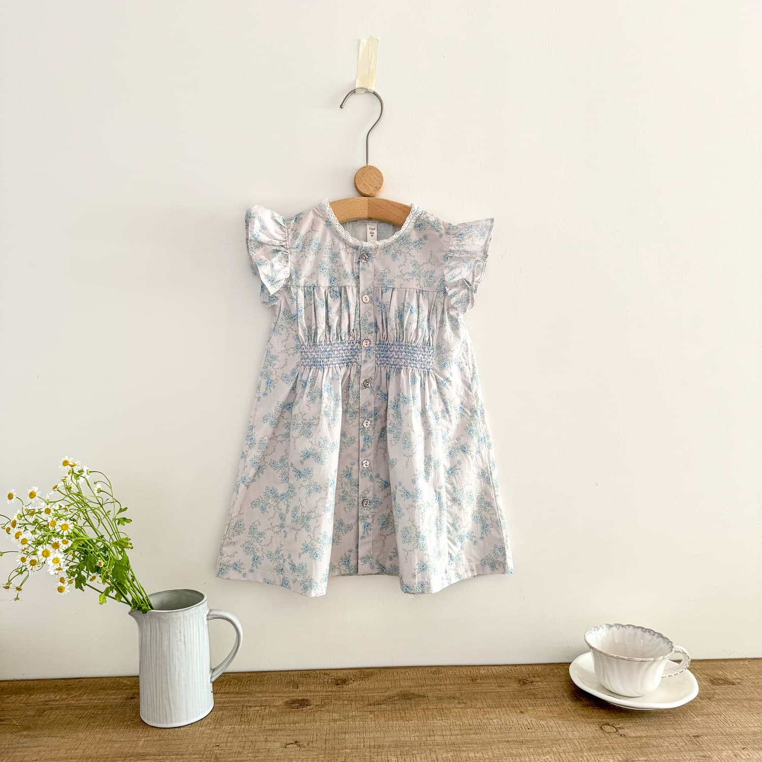 Summer girls dress blue printed skirt children cotton flying sleeves printed skirt
