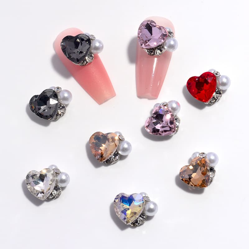 Trendy Nail Art Crystal Stacked Heart Charm Super Sparkly Rhinestone Pearl Hand-Stacked Cross-Border Nail Decoration