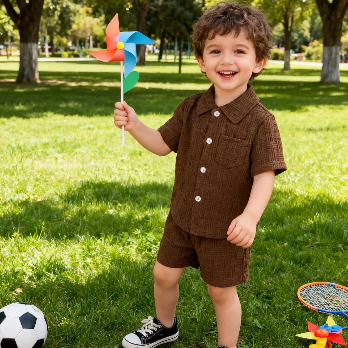 2026 Brown Boys' Solid Color Polo Short Sleeve Shirt and Shorts Set