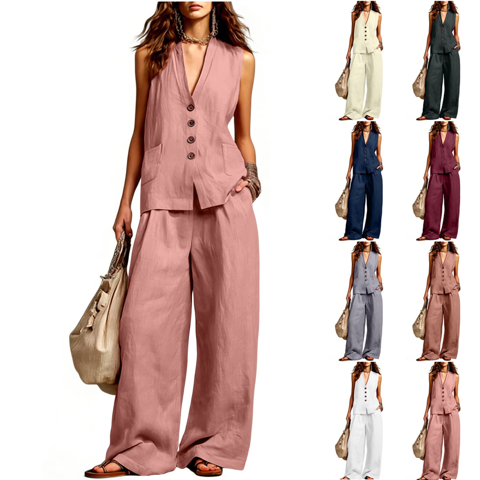 Amazon New European and American Style Lazy Comfortable Casual Suit Cotton Linen Vest and Wide-Leg Pants