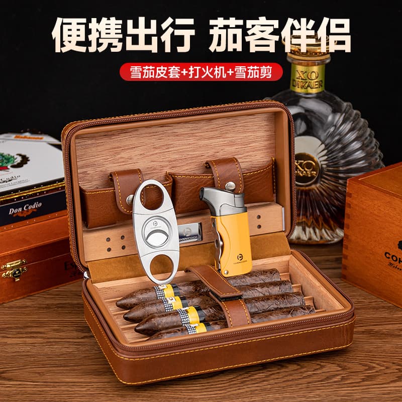 HANNICOOK cigar case, cedar wood lining, four-pack travel humidor cigar case, portable humidor bag.