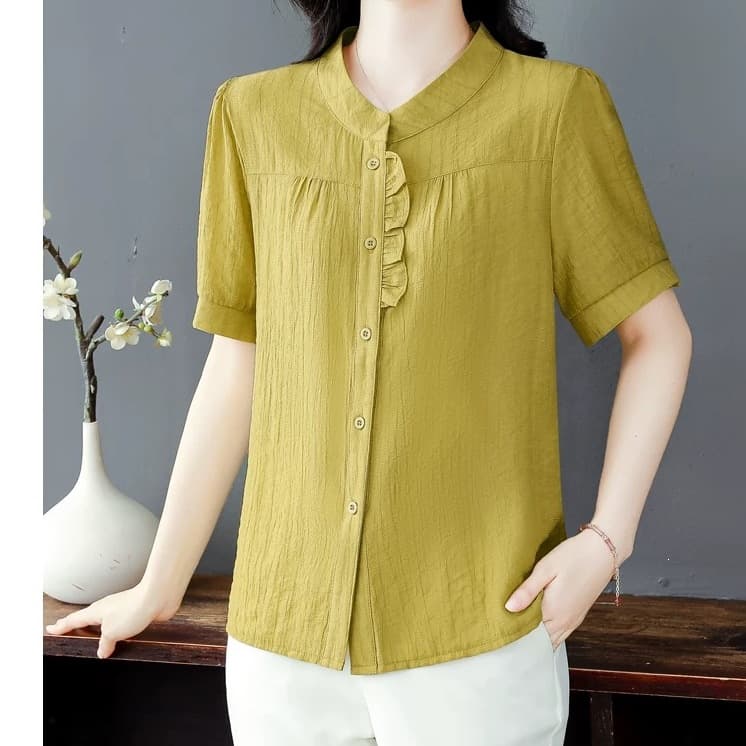 Crepe Silk Woven Blouse Women's Shirt Summer 2026 New Mom Stylish Elegant Short Sleeve Top Plus Size Blouse