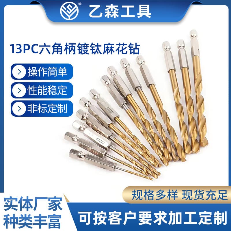 13PC Hex Shank Titanium Coated Twist Drill Bit Set for Electric Screwdriver, Drilling Holes in Wood and Plastic