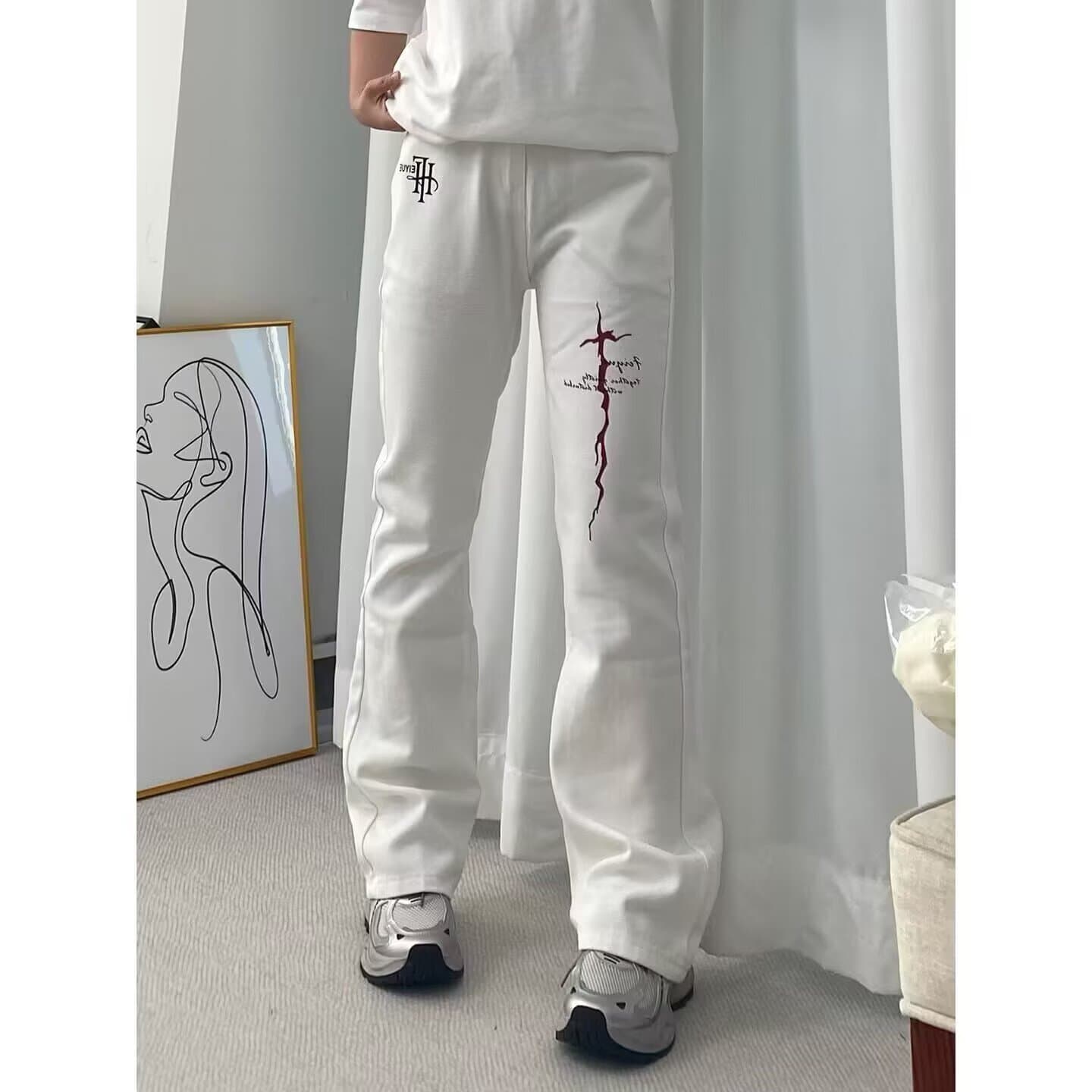 New White INS Men's American High Street Printed Pants Vibe Streetwear Straight Leg Casual Pants