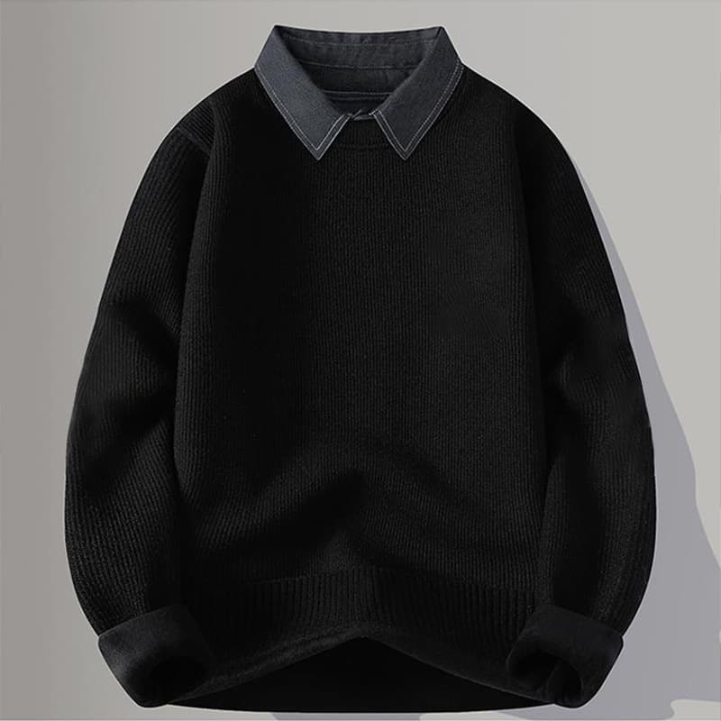 Men's two-piece sweater with a shirt collar, fleece lining, thickened and warm, perfect for autumn and winter, worn as an inner knitwear layer.