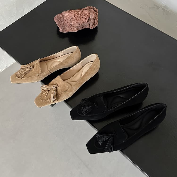 Lambskin Women's Shoes French Flat Shallow Mouth Flats Square Toe Single Shoes Tassel Korean Style Slip-on Fashion Shoes