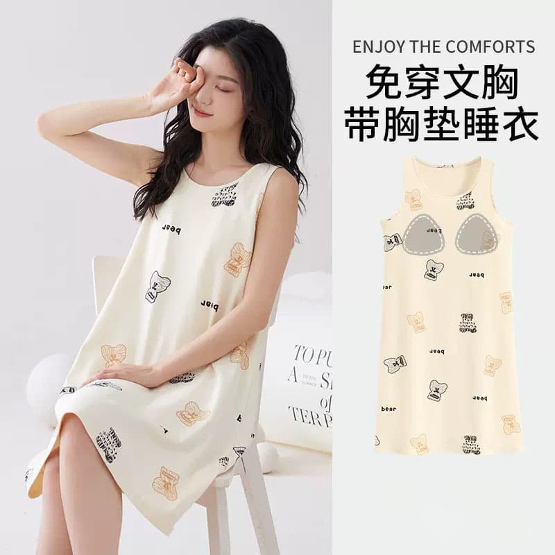 Women's Summer Thin Nightgown with Breast Pads, Mid-length Sleeveless Vest Pajamas, Girl Student Home Clothes That Can Be Worn Outside
