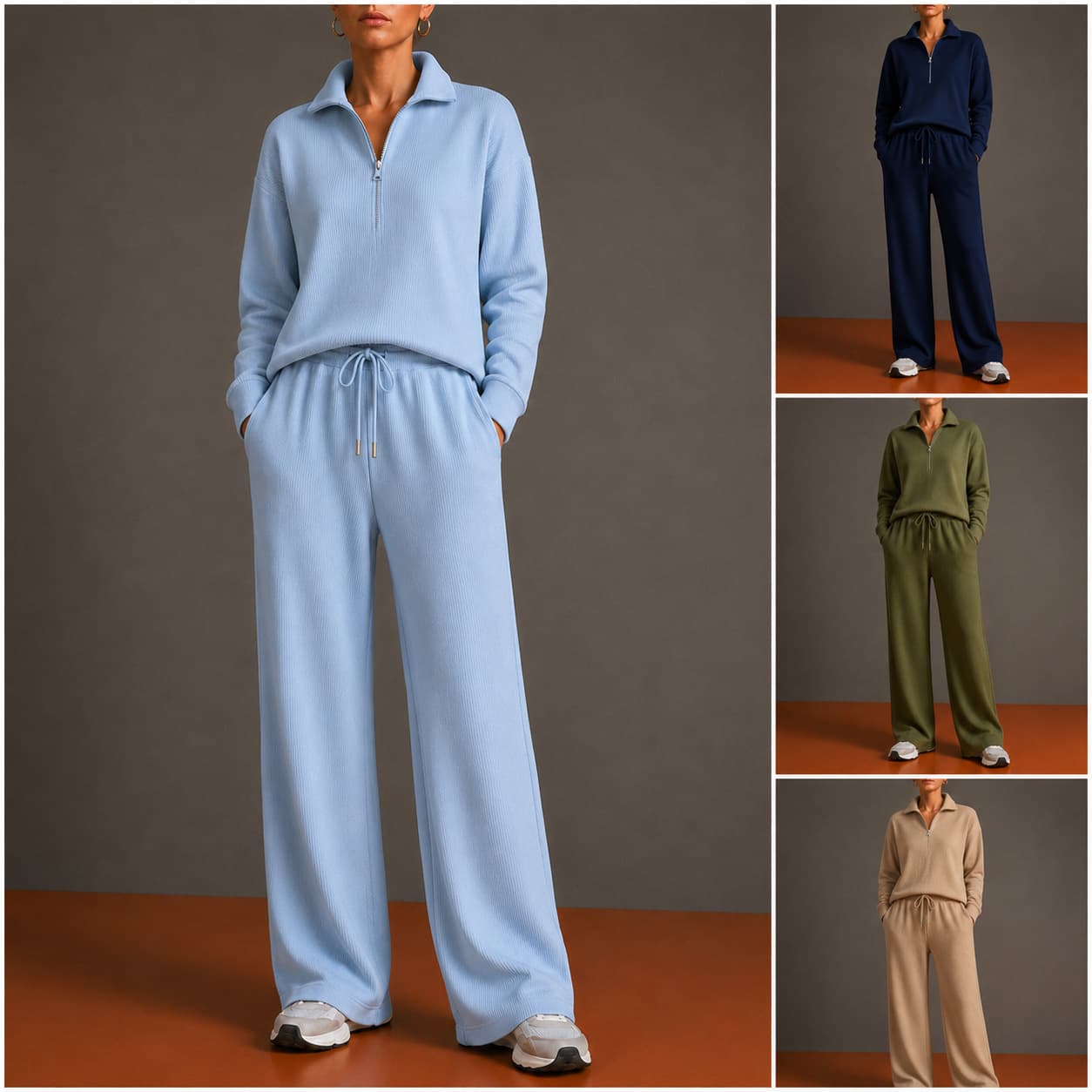 2026 Amazon new European and American autumn and winter women's sports suit half turtleneck zipper sweatshirt wide leg pants suit for women