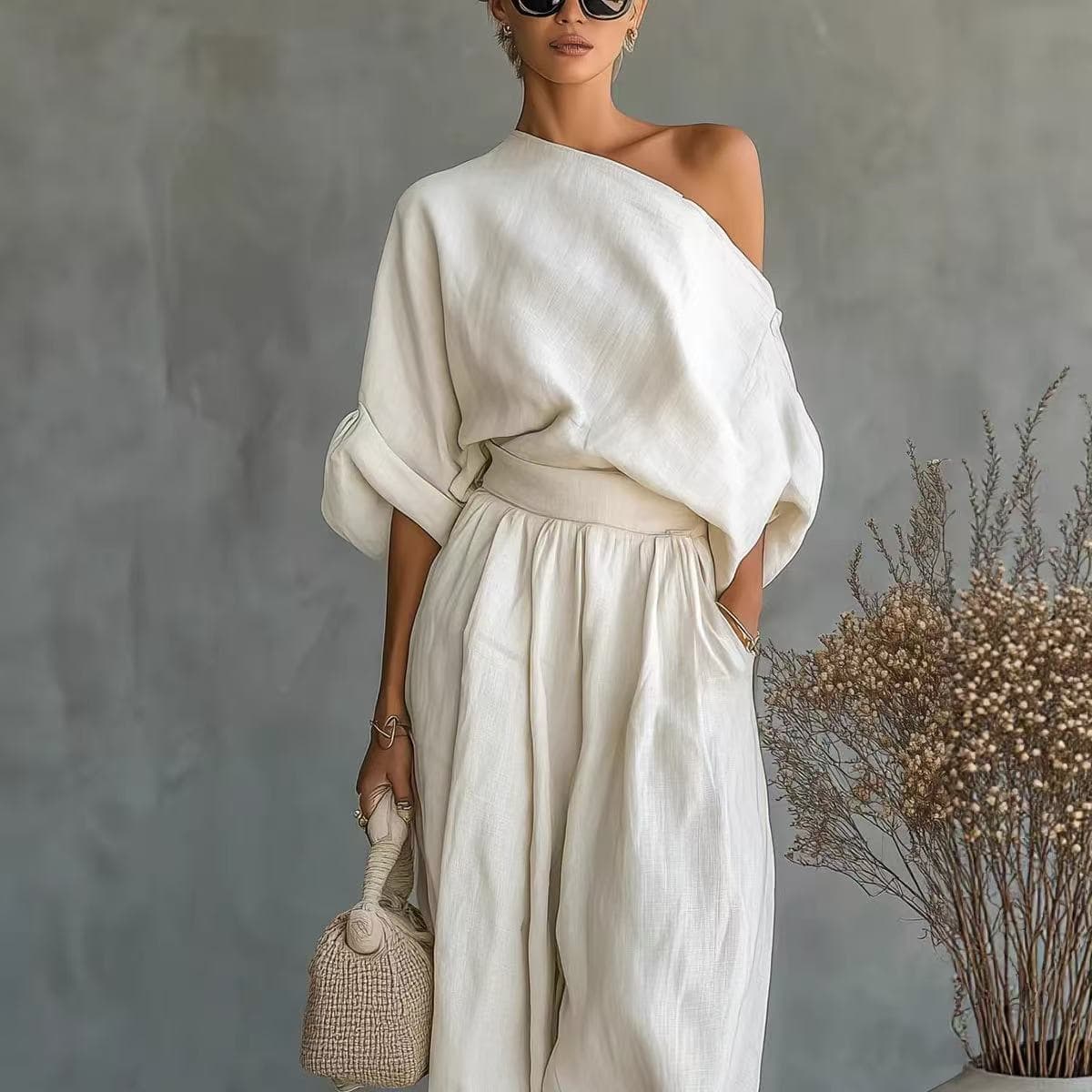2026 Spring New Arrival Amazon Solid Color Off-Shoulder T-Shirt with Pocket Casual Loose Two-Piece Set for Export