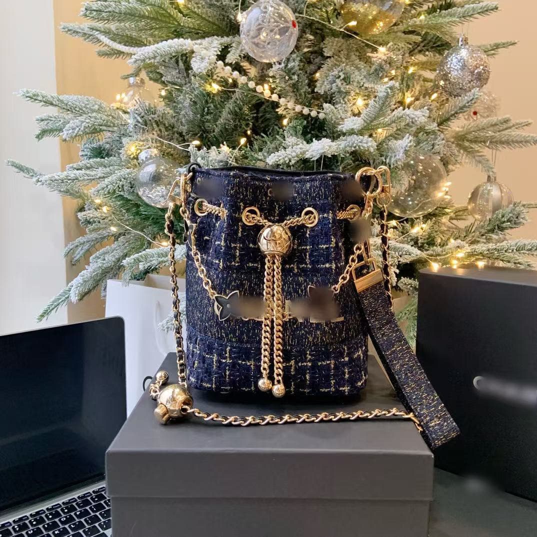 Christmas Counter Ribbon Girdle Transformation Blue Gold Woolen Bucket Bag Chain Exquisite Crossbody Handbag Gift Box