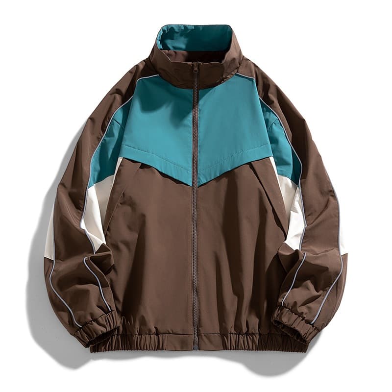 Cross-border trendy retro color-block sports jacket, men's stand-up collar spliced design, loose casual coat for spring and autumn