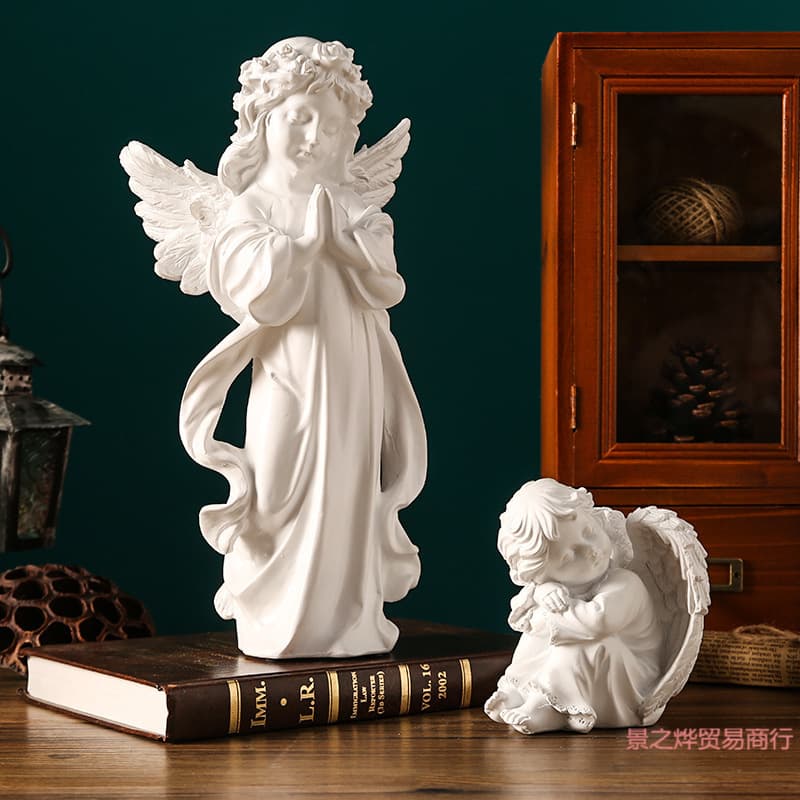 European Vintage Angel Figurine American Resin Plaster Statue White Little Angel Girl Desktop Decoration