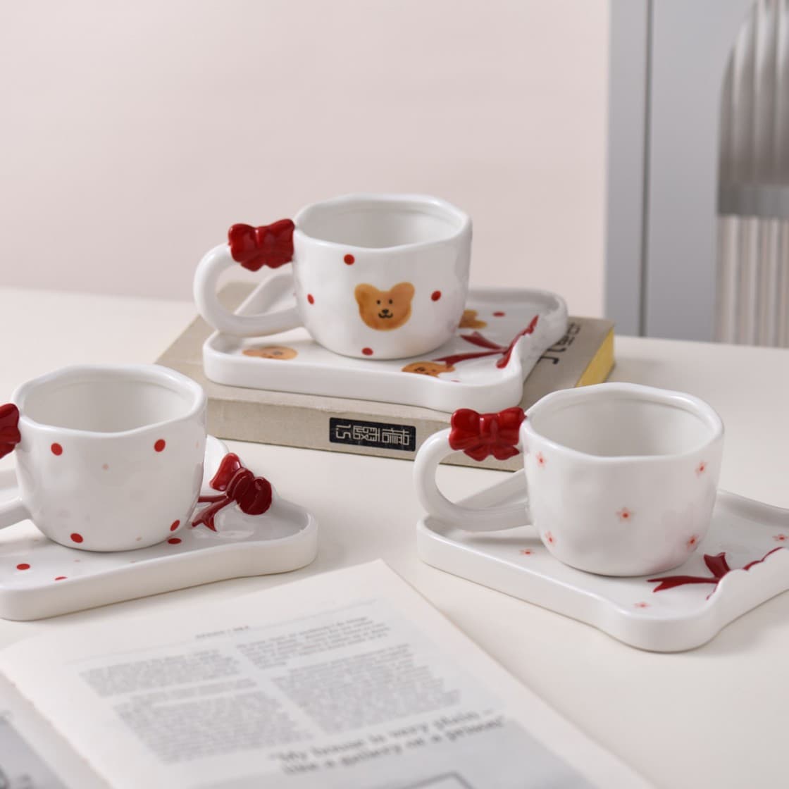 High-Quality Cute Bear Ins Style Ceramic Mug Set, Coffee Cup Afternoon Tea Delicate Water Cup for Women Home Use