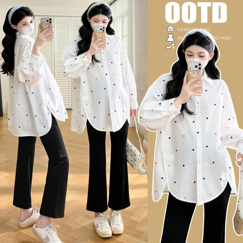 2026 Maternity Wear Spring New Style Korean Cotton Mid-Length Casual Heart-Patterned Shirt for Fashionable Moms