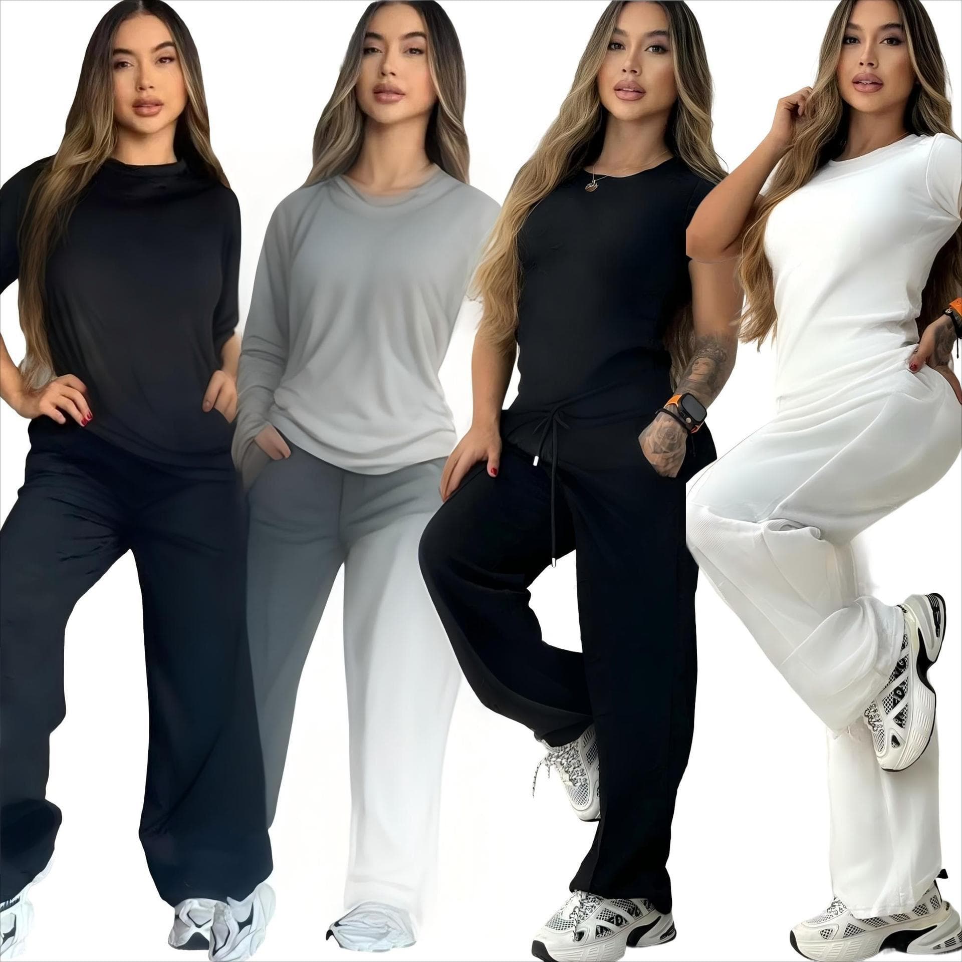 J5212 Women's Fashion Casual Genuine Leather Pocket Short Sleeve Long Pants Jacquard Two-Piece Set, In Stock