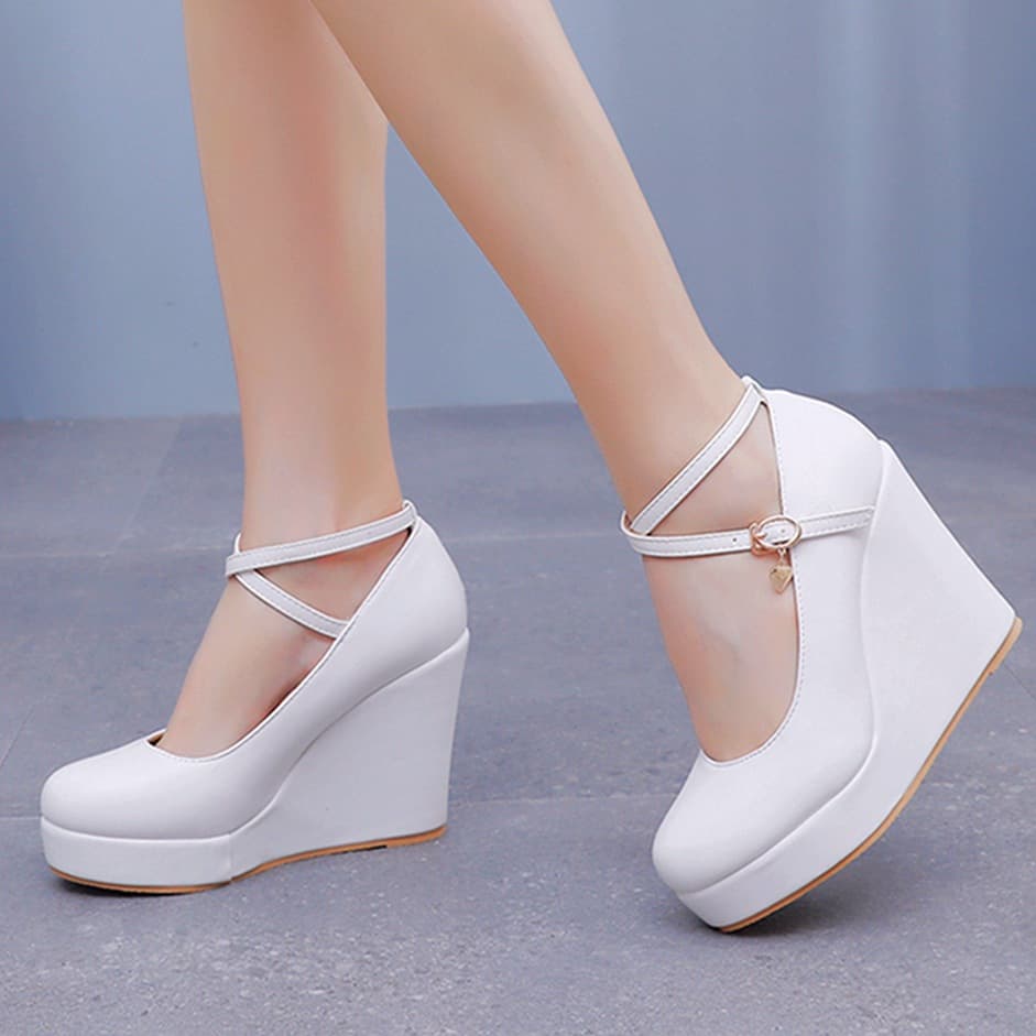 10cm European and American Fashion Thick Platform Single Shoes, Round Toe Inner Heightening Platform Wedge Heels, Buckle Strap Wedge Women's Shoes