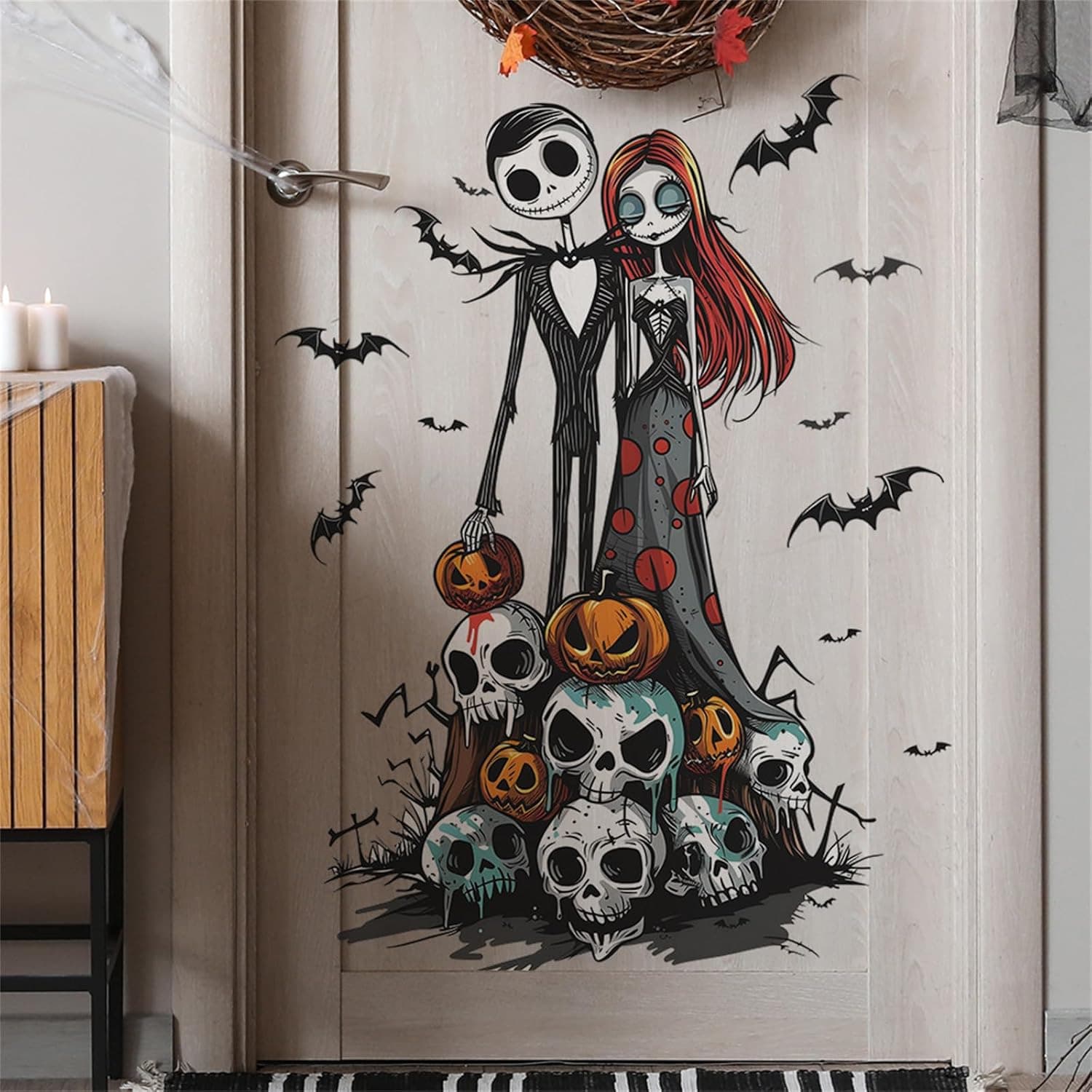 Cross-border Halloween wall stickers Scary Ghost Bride Skeleton Wall Stickers Halloween Jack Sally Entrance Self-Adhesive