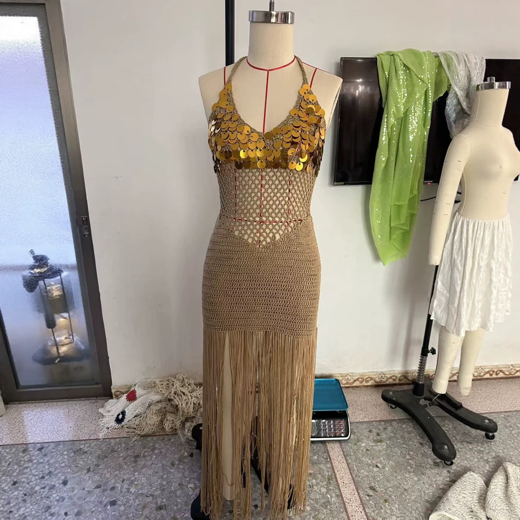 European and American Summer New Knitted Hand-Hooked Sheer Sequin Fringe Tie Beach Dress Asymmetric