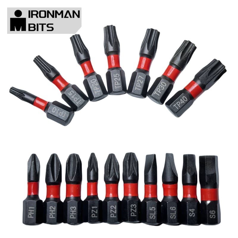 25mm high-strength single-end black torque bits in cross, slotted, Pozidriv, Torx, and hex, with strong magnetism, short bits.