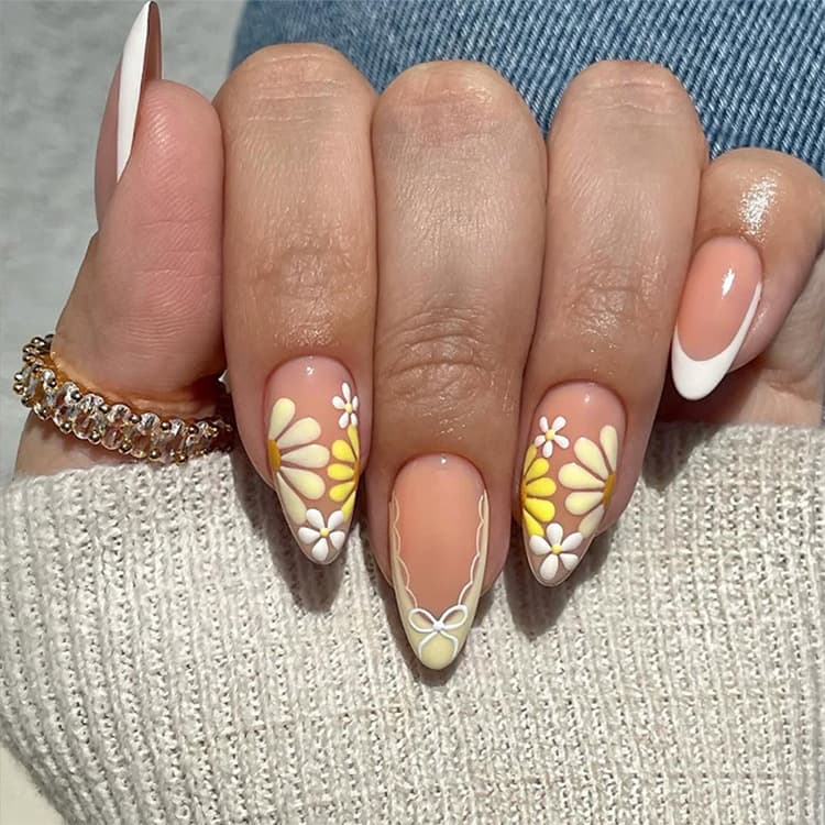 Cross-border best-selling fresh and cute press-on nails, creamy yellow daisy French tips, bow sweetheart style nail stickers