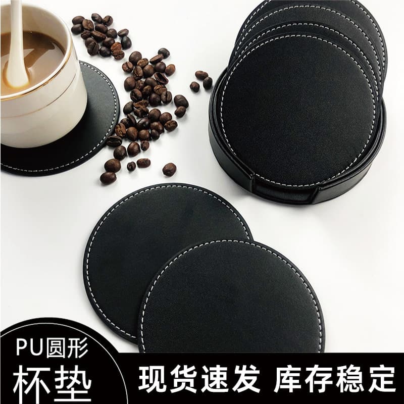 Round Leather Coaster in Stock, Custom Logo, Hand-Stitched with Oil Edge, PU Leather Cup Mat, Insulation Mat, Wholesale