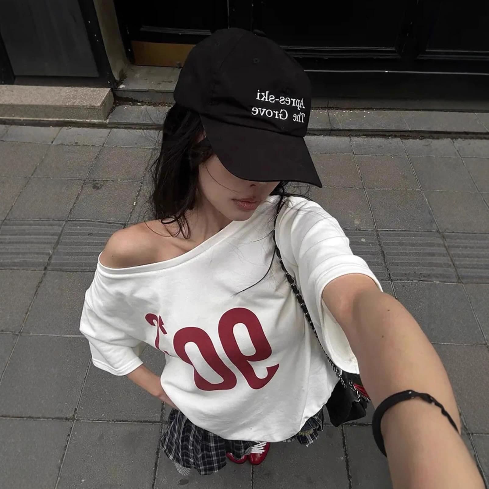 Loose Fit Round Neck Slant Shoulder Short Sleeve T-Shirt Spicy Girl Printed Cotton Casual Top for Women Comfortable Tee