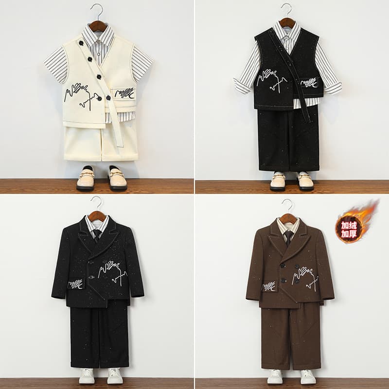Boys' Suit Set for One-Year-Old Flower Boy Formal Wear, Boys' Host Piano Speech Performance Outfit, Children's Suit with Striped Shirt