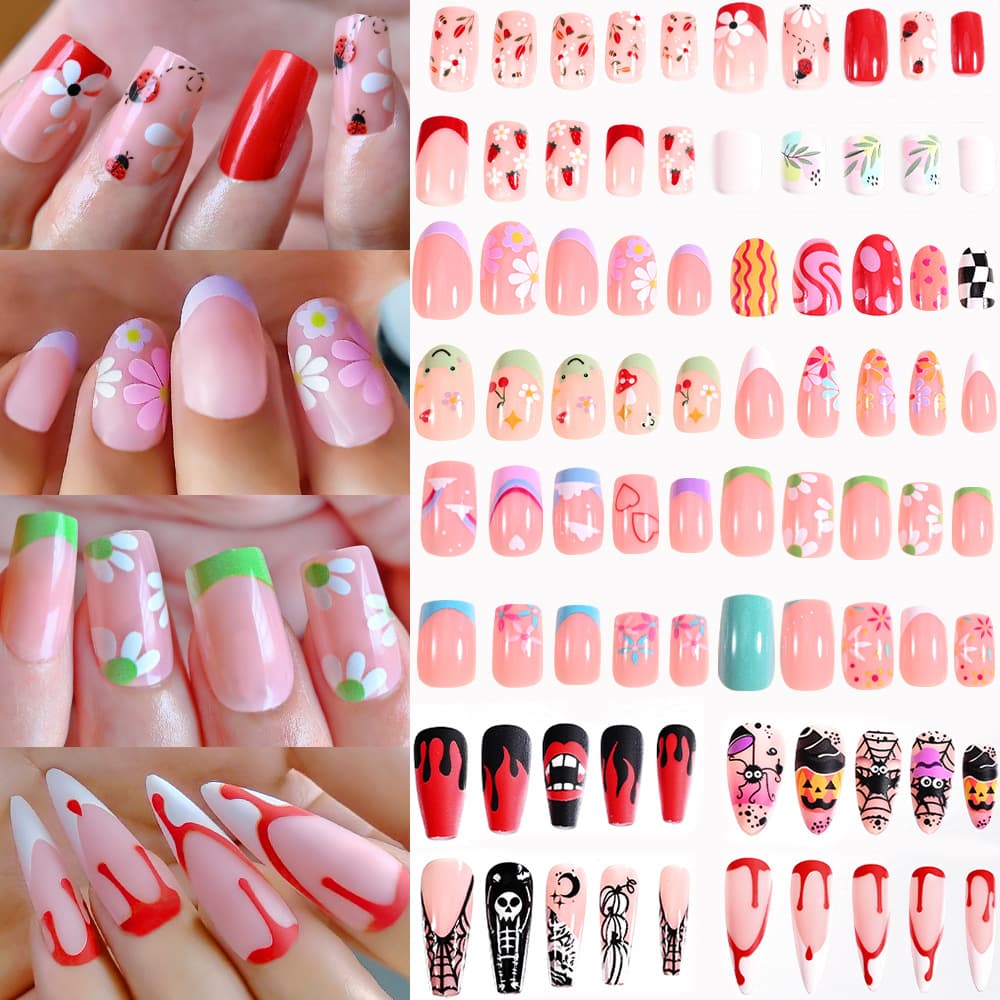 96 pieces boxed short square almond wear nails spring floral sweet girl Halloween dark skull flame fake nails