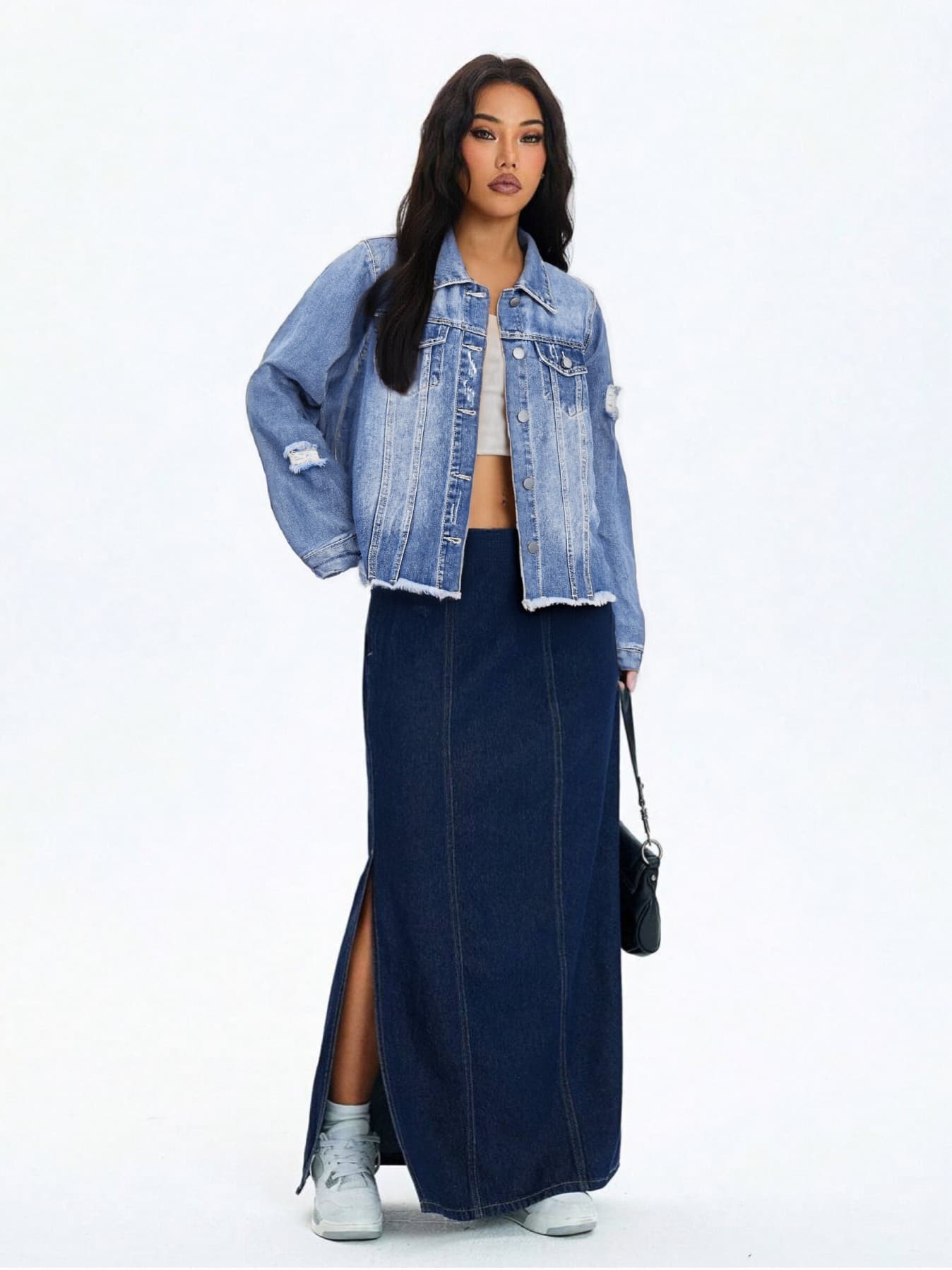 In Stock EU/US Cross-Border Women's Denim Jacket Non-Stretch Washed Distressed Lapel Long Sleeve Denim Top Coat Trendy