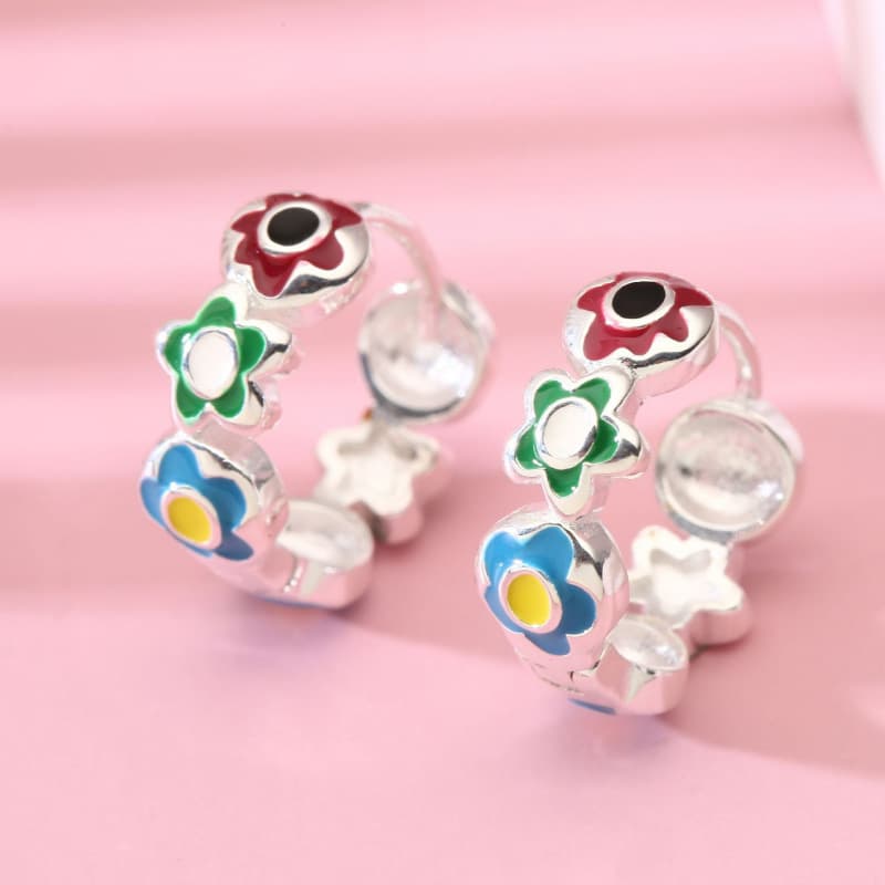 No. 6265 990 Pure Silver Enamel Flower Ear Clips, Chic and Fashionable Versatile High-End Ear Clasps