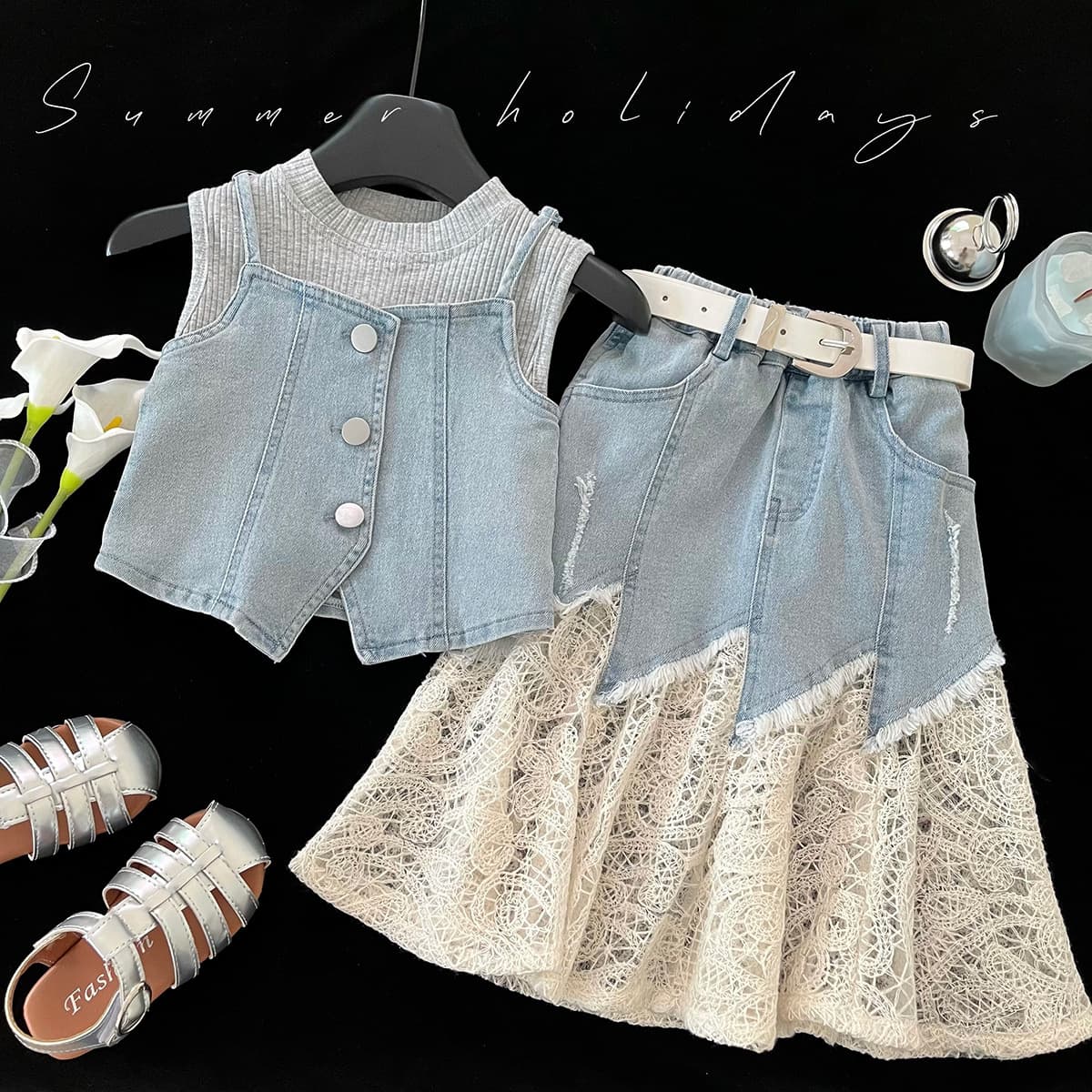 2026 Summer New Lace Patchwork Denim Skirt for Girls Irregular Denim Vest Camisole Three-Piece Set