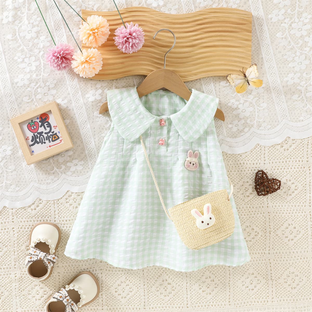 2026 New Summer Girls Dress Plaid Doll Collar Cartoon Stylish Outing Dress with Bag Sweet Dress