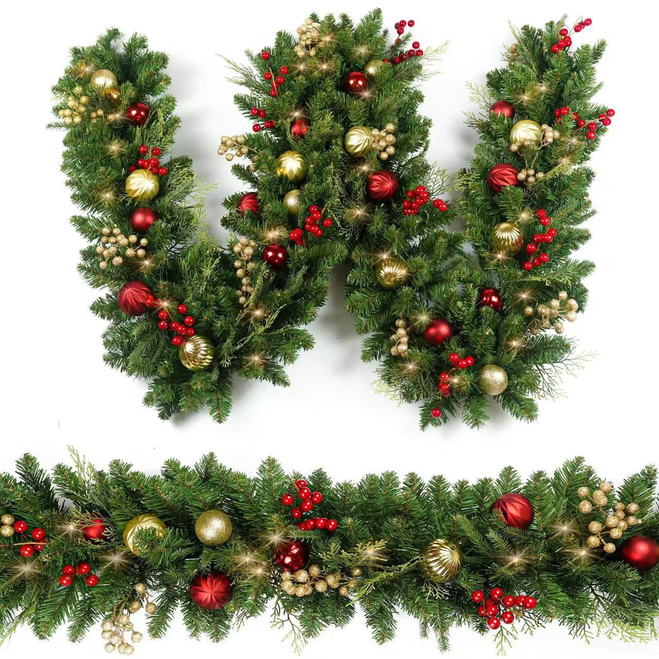 Amazon Hot-Selling 2.7m Christmas Vine with Hotel Home Decor Christmas Balls and Red Berries Wreath Decoration
