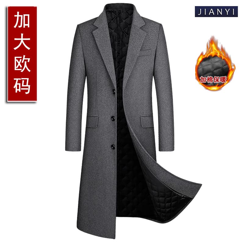 Plus Size European Style Cross-Border Wool Coat, Long Over-the-Knee, Suit Collar, Padded and Thickened Wool Coat for Men