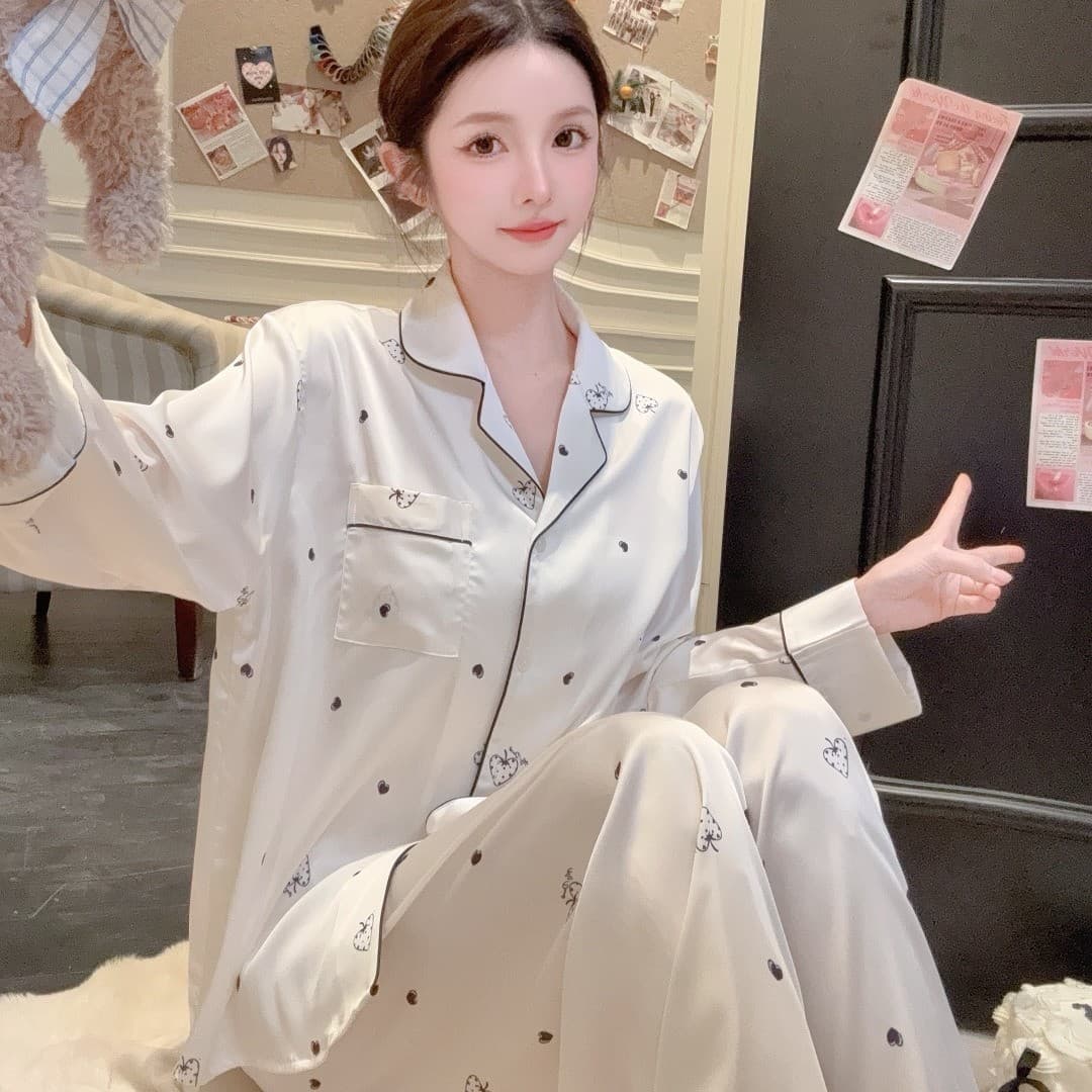 【Man Tian Chen Xin】Spring/Summer New Ice Silk Pajamas Heart Pattern Cardigan Long Sleeve Long Pants Homewear