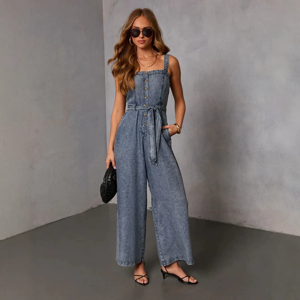 Women's Fashionable Slim-Fit High-Waist Washed Denim Halter Jumpsuit 6112