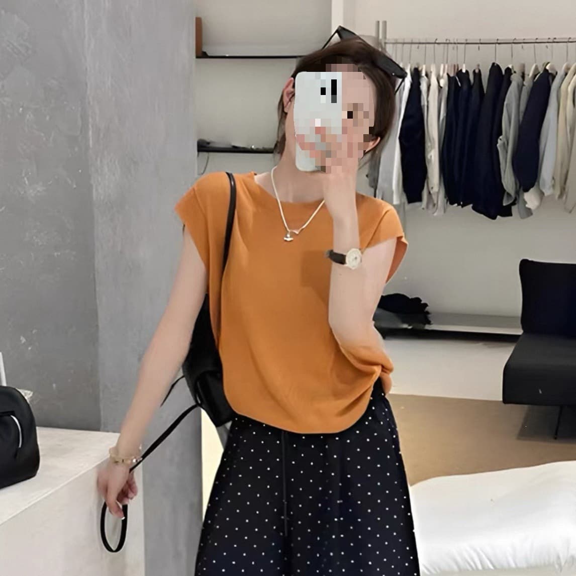 [Tencel Linen] New Summer Style Simple Solid Color Round Neck Knitted Top, Loose and Versatile, Slimming, Hermès Orange