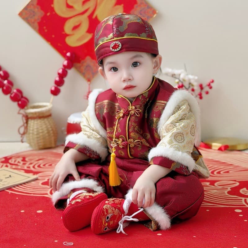 Children's Tang Suit Winter Baby Boy Birthday Outfit Red Festive Set New Chinese Style Baby New Year's Clothes Fleece-Lined Thickened