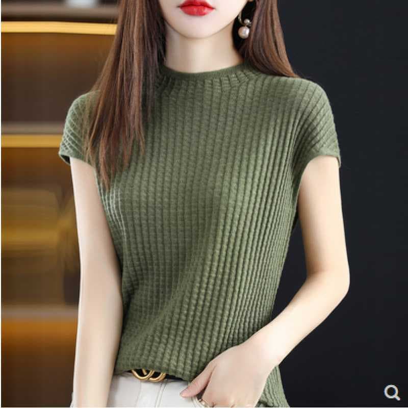 Tencel Short Sleeve Top for Women, Elegant Half High Neck Thin Base Layer and Outerwear Knit, Spring/Summer T-Shirt Fashion Versatile Top