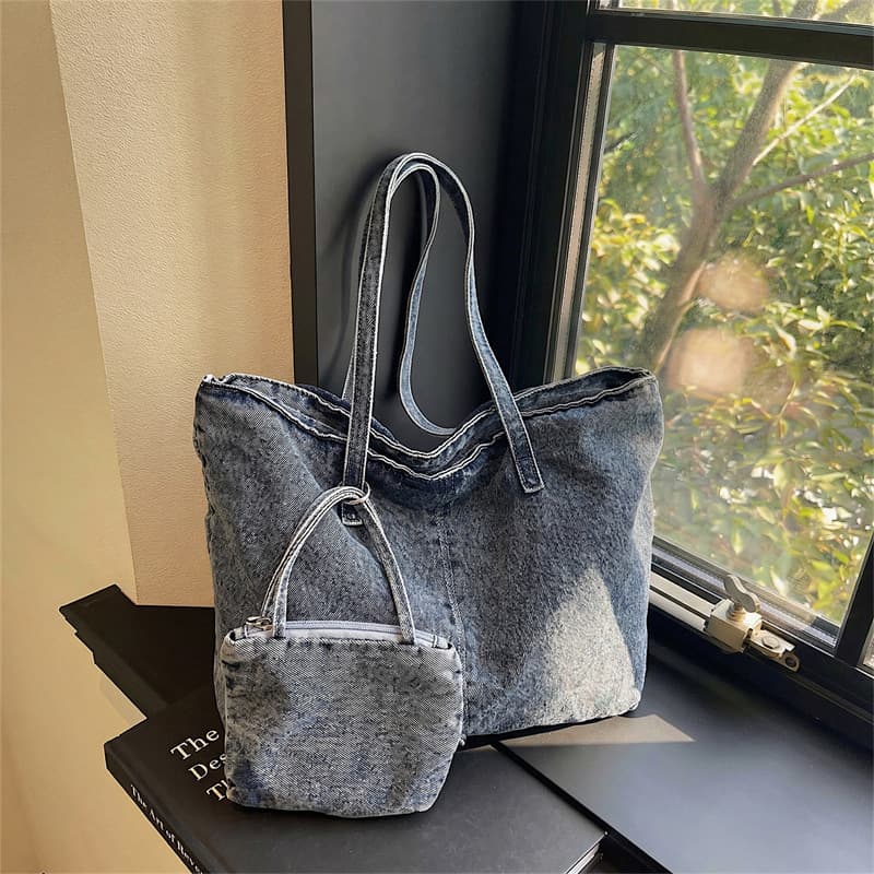 With small bag washed denim tote bag women's large capacity single shoulder crossbody bag retro commuter handbag 2026 new style