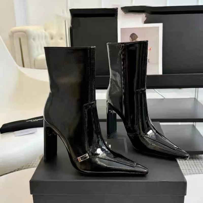 New Fall/Winter 24 Yves Saint Laurent Style Pointed Toe Chunky Heel Side Zipper High Heel Fashion Boots Patent Leather Slim Fit Boots Elegant