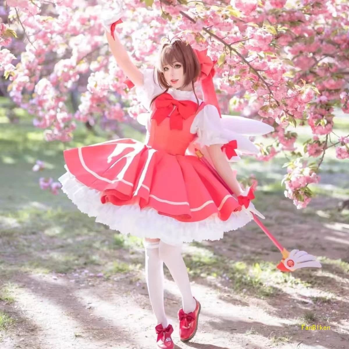 Cardcaptor Sakura Cos Costume Sakura Red and White Battle Outfit Cosplay Women's Anime Costume In Stock
