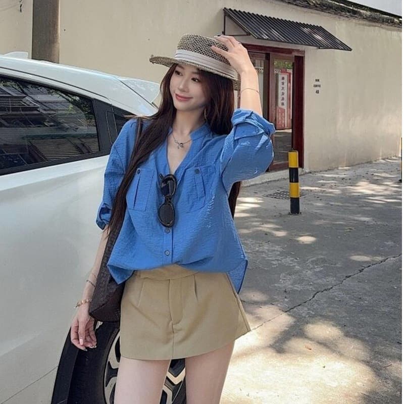 Solid Price Old Money Style Blue Stand Collar Long Sleeve Blouse for Women Summer Loose Slimming Shirt Elegant Versatile Cardigan Top
