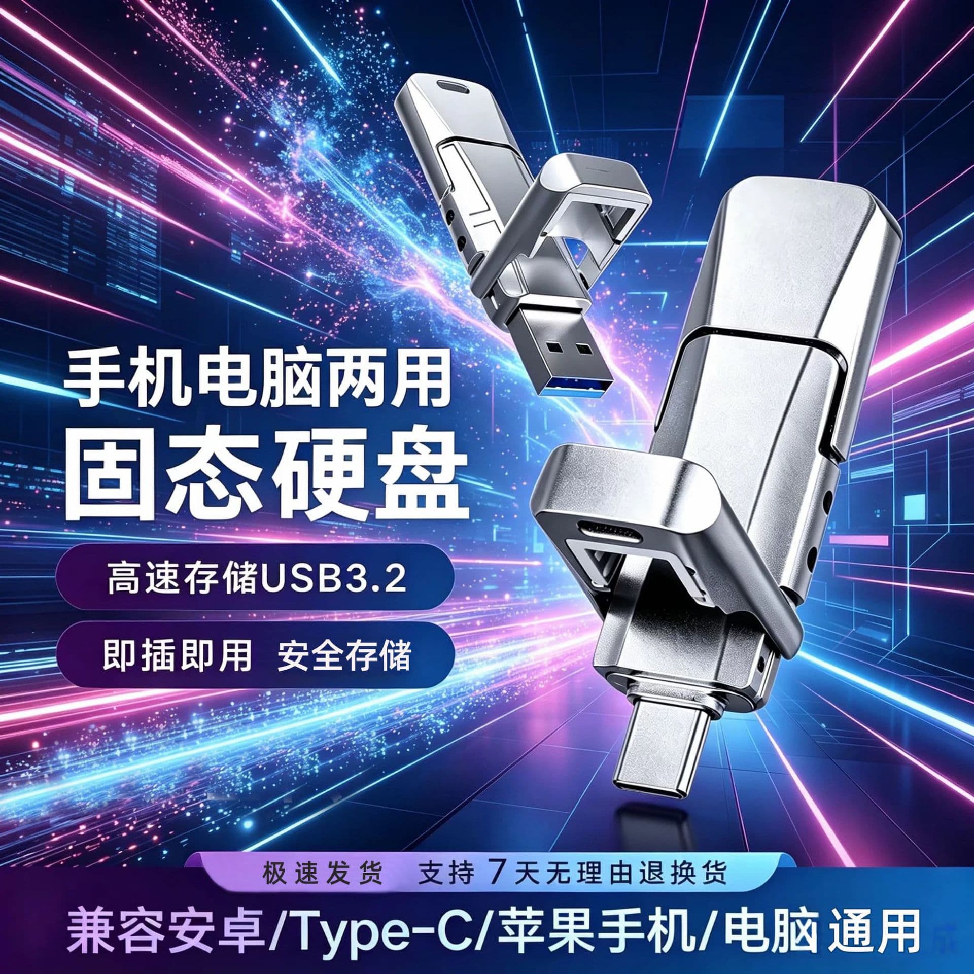 For Android PC Type-C Phone USB Drive, Large Capacity 2-in-1 USB 3.2 Mobile Solid State USB Flash Drive